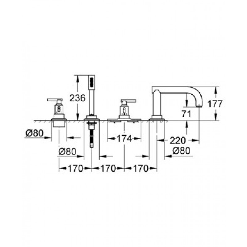 Atrio Jota Смеситель для ванны на 4 отверстия, двухвентильный, для монтажа на плиточном бортике