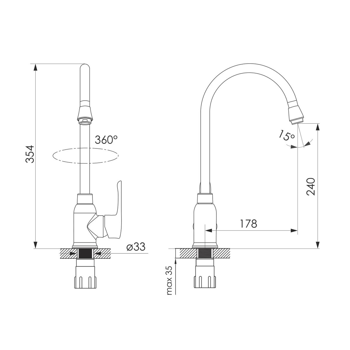 MZE змішувач для кухні, хром, 35 мм