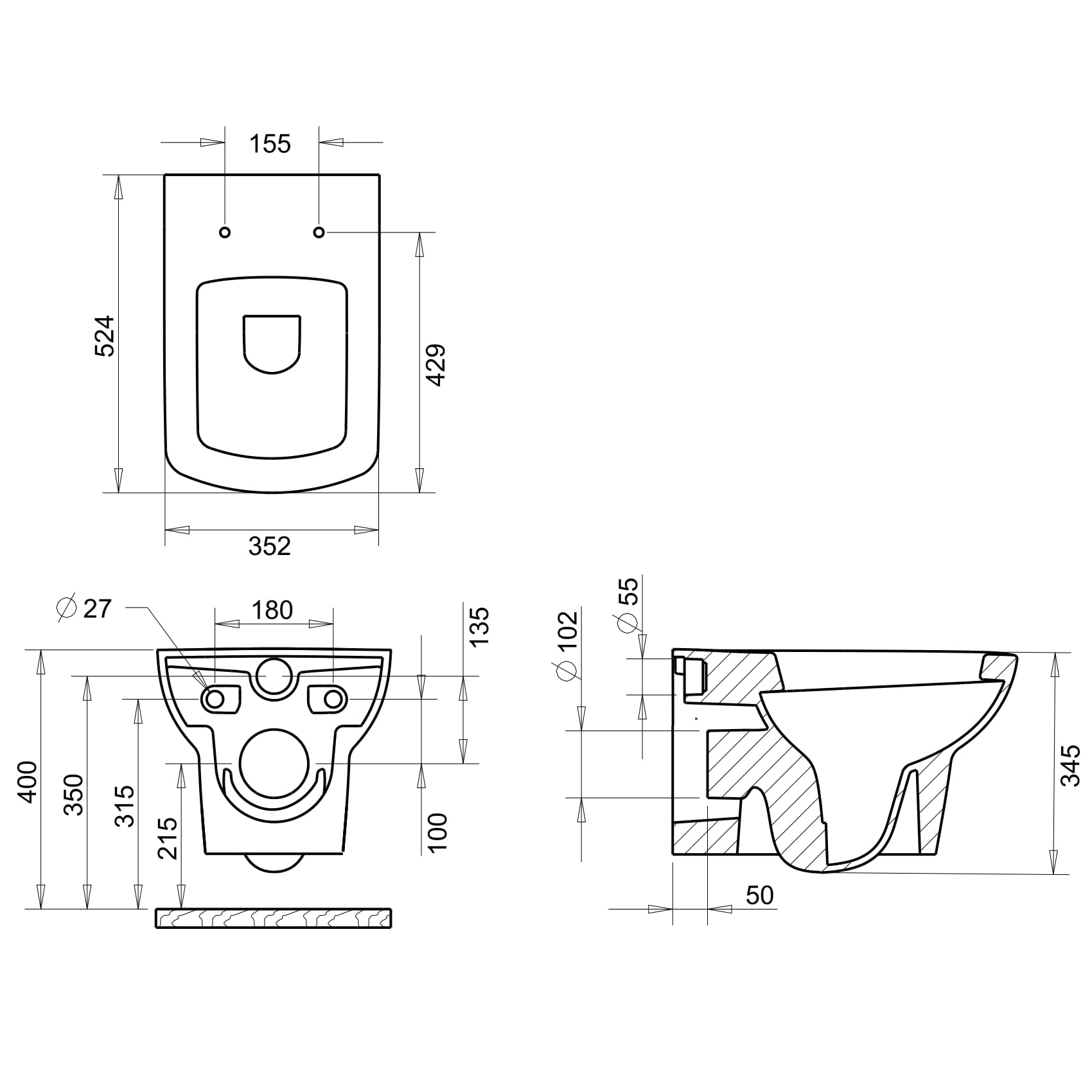 LORETA унитаз подвесной 52,5*35*34,5см, сиденье твердое Slim slow-closing