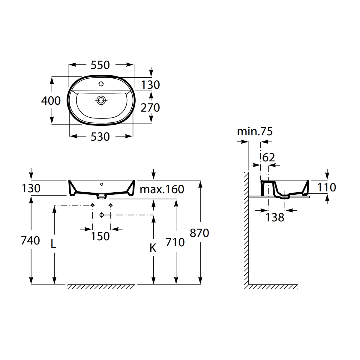 GAP умивальник 55см, з отвором пiд змiшувач