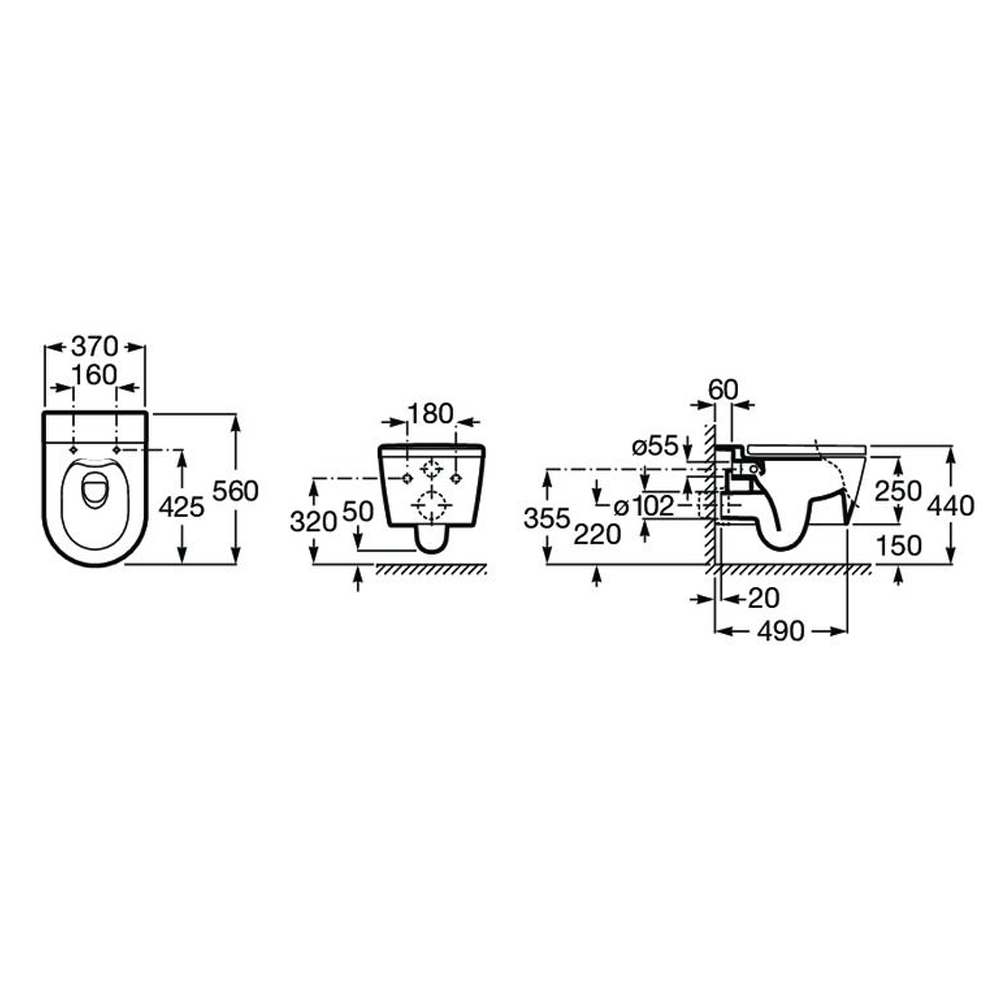 INSPIRA ROUND Rimless унiтаз пiдвiсний 37*56*44см, горизонтальний випуск, без сидiння, колiр онiкс