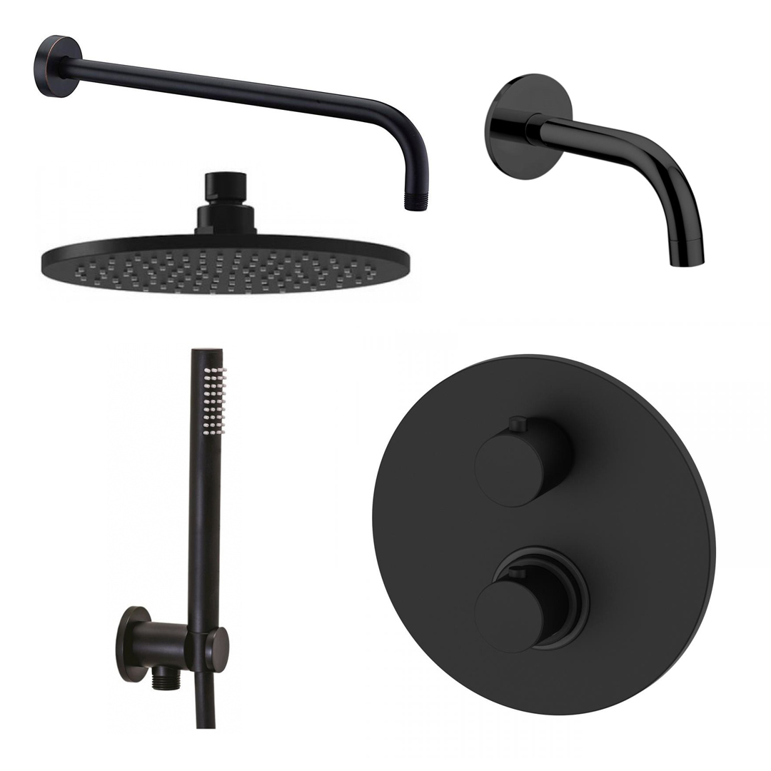 Набір для душової системи прихованого монтажу Paffoni з термостатом, верхнім та ручним душем, зливом, чорний (KIT LIQ019NO B)
