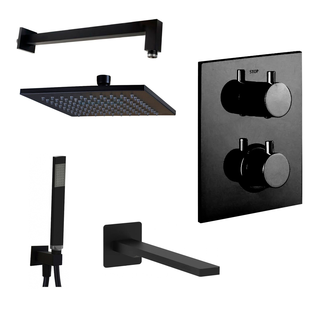 Набір для душової системи прихованого монтажу Paffoni з термостатом, верхнім та ручним душем, зливом, чорний (KIT LIQ519NO MB)