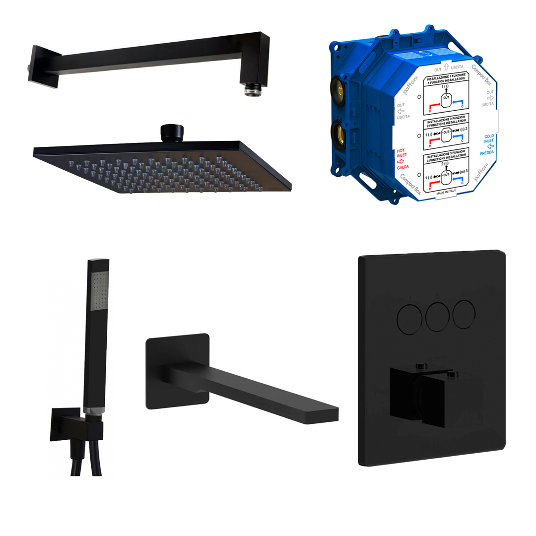 Набір для душової системи прихованого монтажу Paffoni з термостатом, верхнім та ручним душем, зливом, чорний (Kit Compact-T Quadro B Nero)