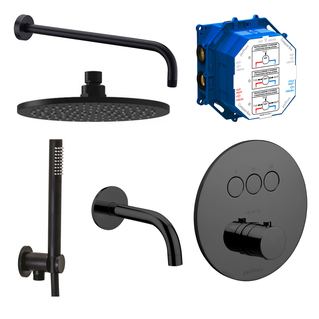 Набір для душової системи прихованого монтажу Paffoni з термостатом, верхнім та ручним душем, зливом, чорний (Kit Compact-T Tondo B Nero)