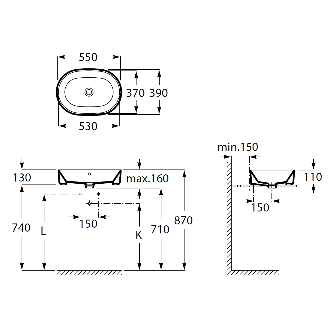 GAP умивальник 55см, без отвору пiд змiшувач