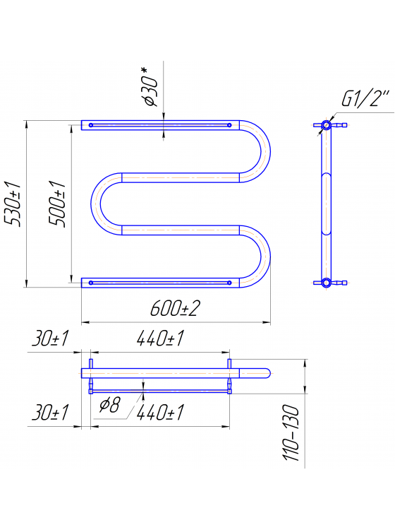 Змійка ∅30 з полицею 530x600/500